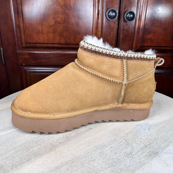 Mexx Womens Size 9.5 US Suede Shearling Boot Chestnut Fur Lined Ankle Platform - Picture 6 of 14